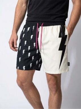 Men's Black and Cream Lightning Print Athletic Shorts